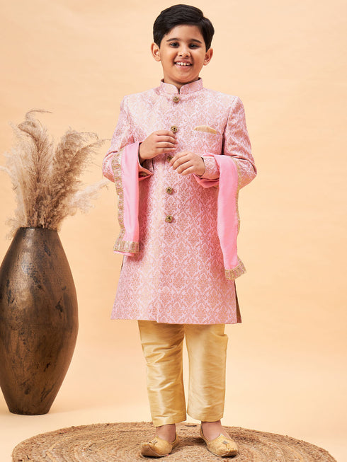 Boy's Pink & Gold-Colored Woven-Design Brocade Slim Fit Sherwani Set With Pink Colour Dupatta